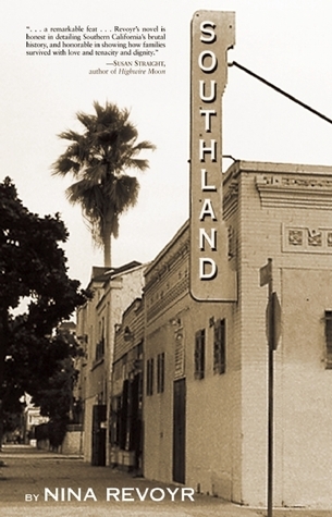 Book cover for Southland by Nina Revoyr. A sepia toned photo of an old school building in Los Angeles. The title, "Southland" is written on a vertical projecting sign coming out from the building.